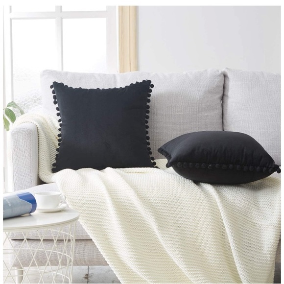 Classic Black Farmhouse Adorable Preppy Cute Pompom Throw Pillow Cover/Case Set - Picture 2 of 16